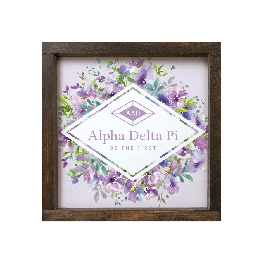 Alpha Delta Pi Sign - Purple Floral Diamond Frame - 12"x12" | Decor