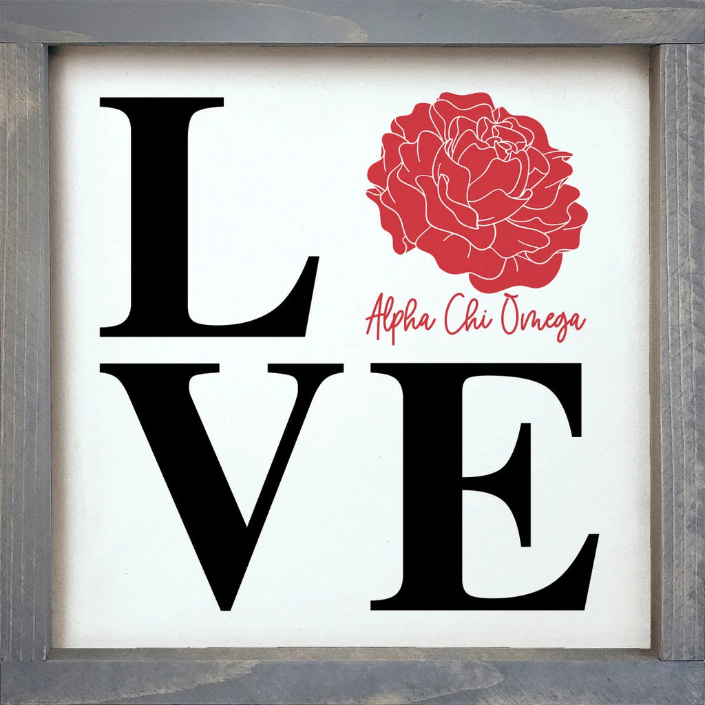 Alpha Chi Omega "LOVE" Framed Sign - Red Carnation 12"x12" | Gifts | Festive Fit Home