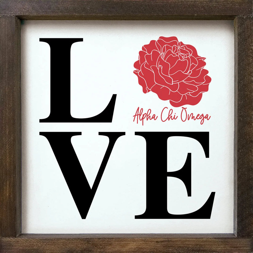 Alpha Chi Omega "LOVE" Framed Sign - Red Carnation 12"x12" | Gifts | Festive Fit Home