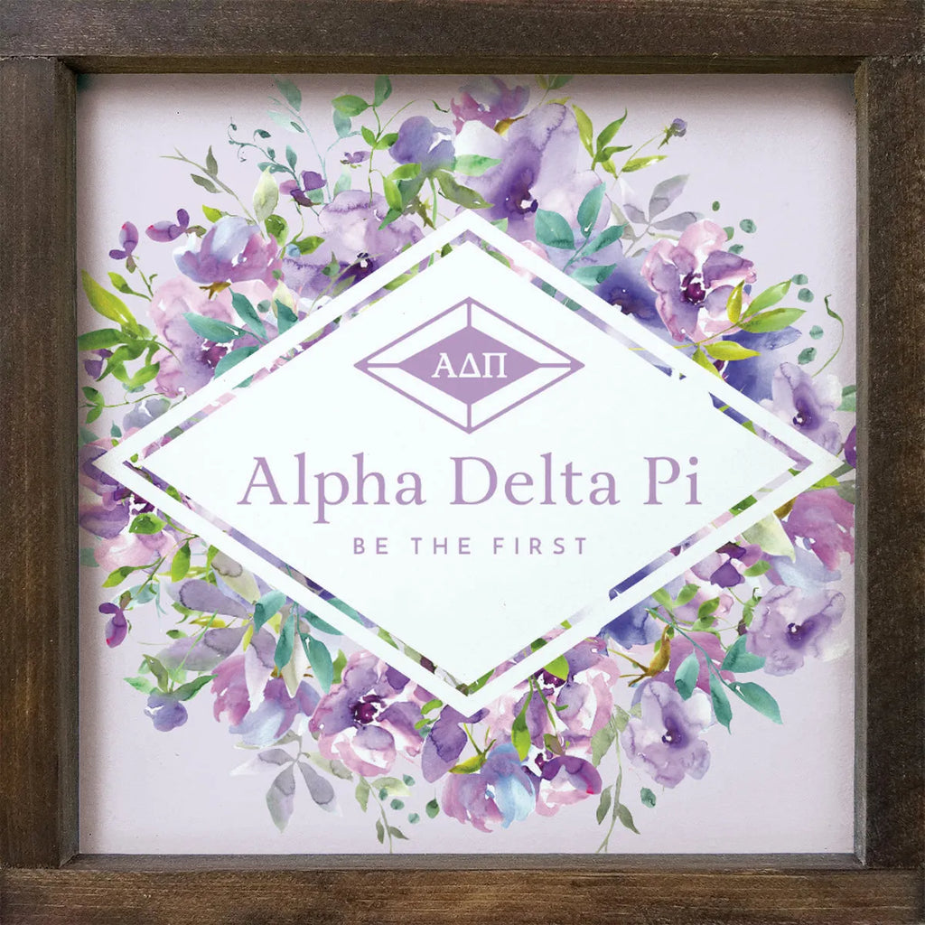 Alpha Delta Pi Sign - Purple Floral Diamond Frame - 12"x12" | Decor | Festive Fit Home