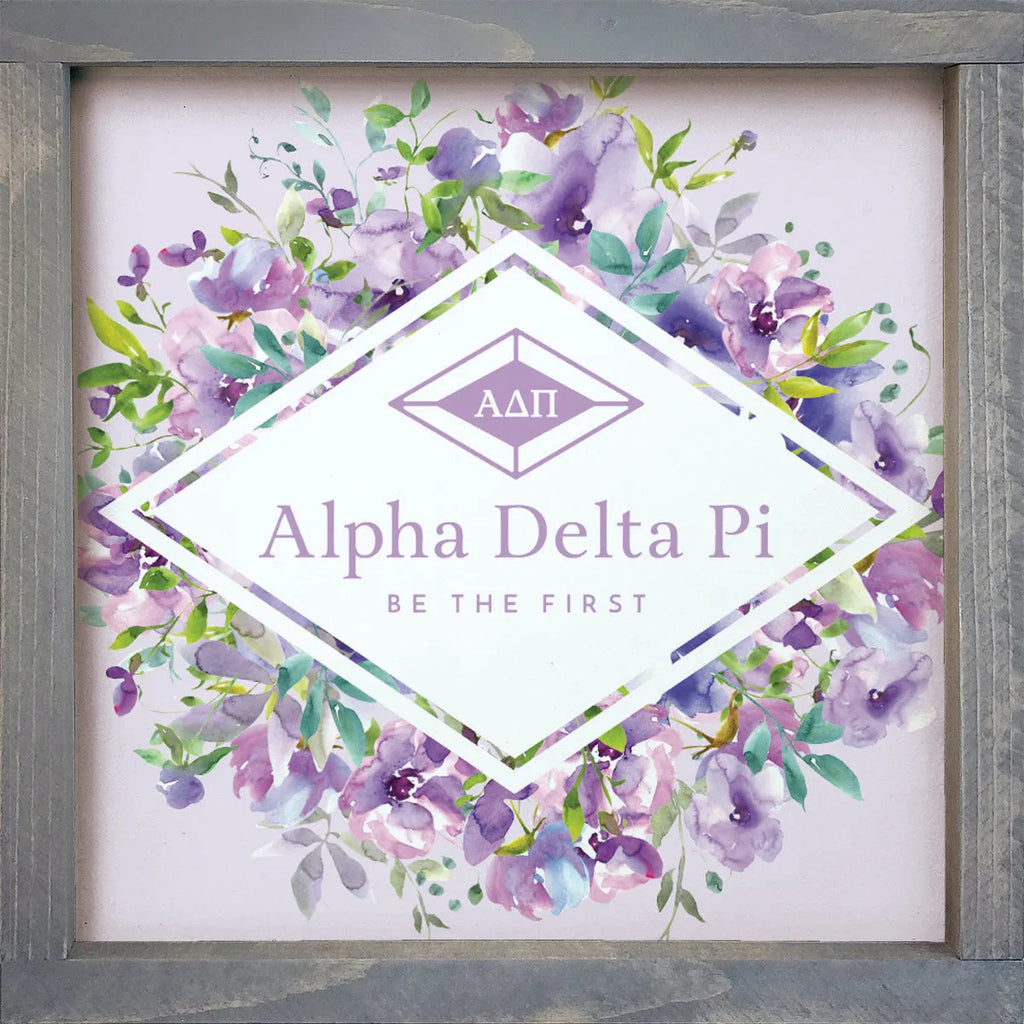 Alpha Delta Pi Sign - Purple Floral Diamond Frame - 12"x12" | Decor | Festive Fit Home