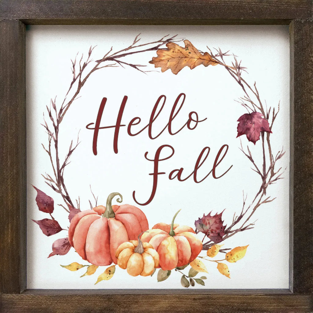 Hello Fall Pumpkin Wreath Wood Sign -12"x12" | Fall Artwork | Home Decor