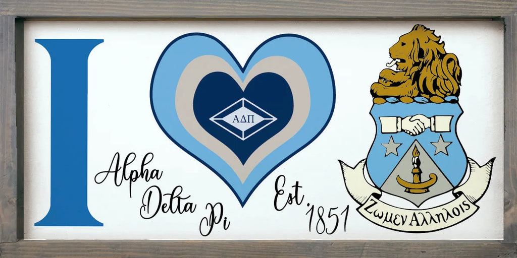 Alpha Delta Pi Sign - "I Heart" with Crest - 12"x24"| Gifts and Decor | Festive Fit Home