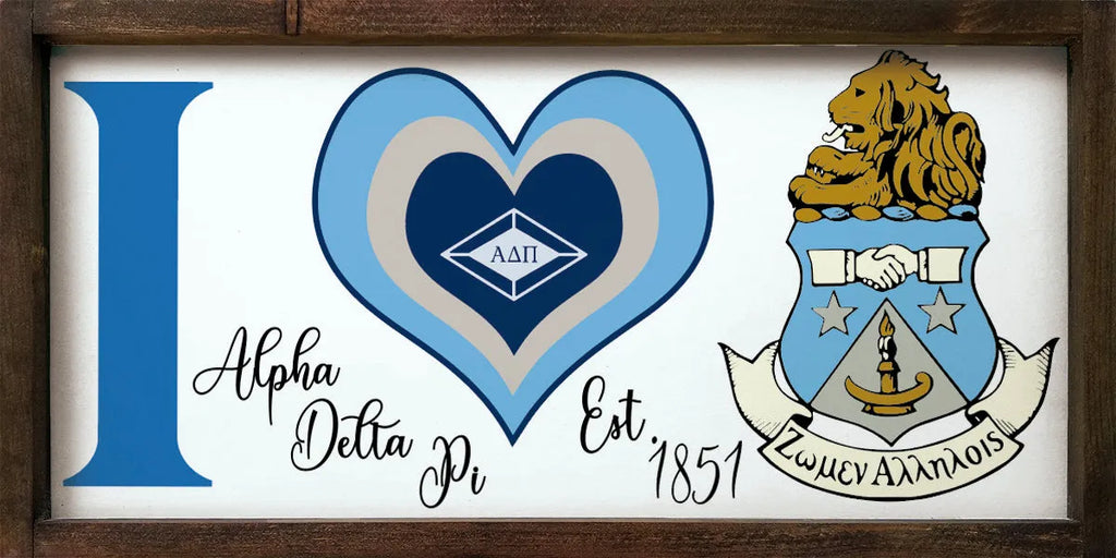 Alpha Delta Pi Sign - "I Heart" with Crest - 12"x24"| Gifts and Decor | Festive Fit Home