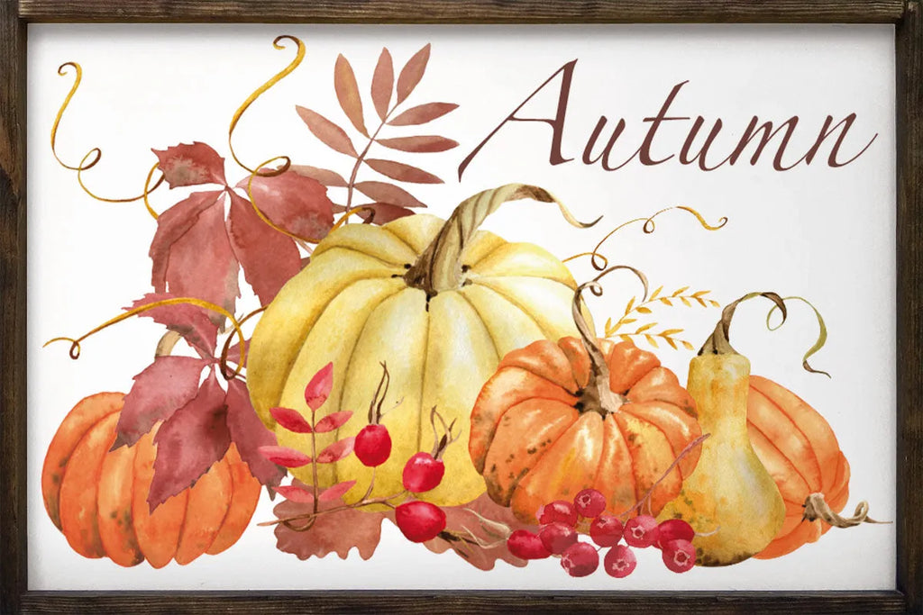 Autumn Pumpkins and Gourds Large Farmhouse Wood Sign - 24"x36" |Fall Artwork | Fall Wood Sign | Autumn Home Decor | Rustic Fall Art | Art with Pumpkins | Festive Fit Home | Thanksgiving Art