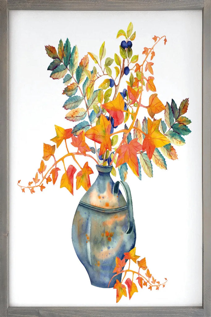 Autumn Leaves Blue Vase Large Farmhouse Sign - 24"x36" | Fall Artwork | Fall Wood Sign | Autumn Home Decor | Rustic Fall Art | Art with Pumpkins | Festive Fit Home | Thanksgiving Art