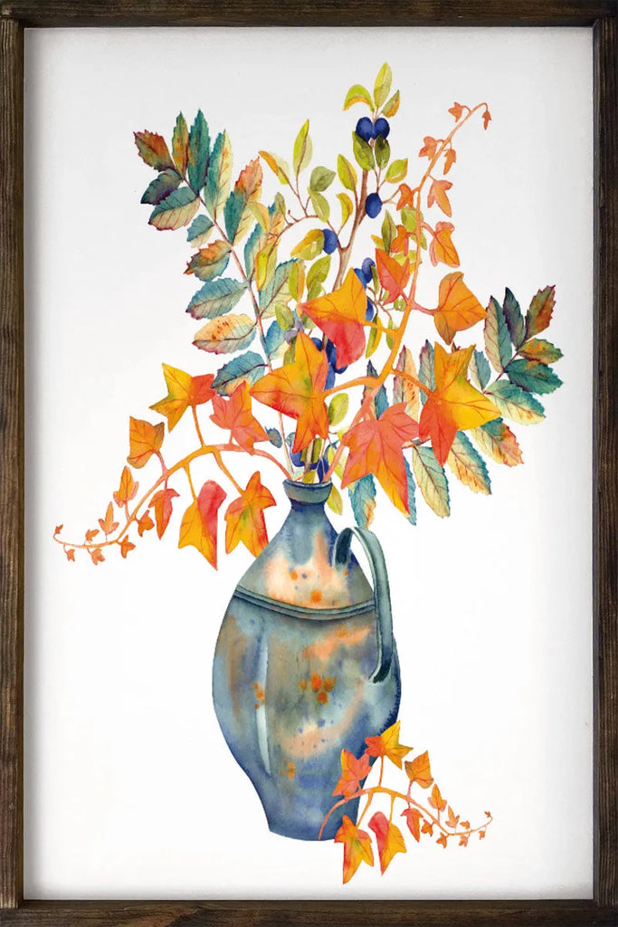 Autumn Leaves Blue Vase Large Farmhouse Sign - 24"x36" | Fall Artwork | Fall Wood Sign | Autumn Home Decor | Rustic Fall Art | Art with Pumpkins | Festive Fit Home | Thanksgiving Art