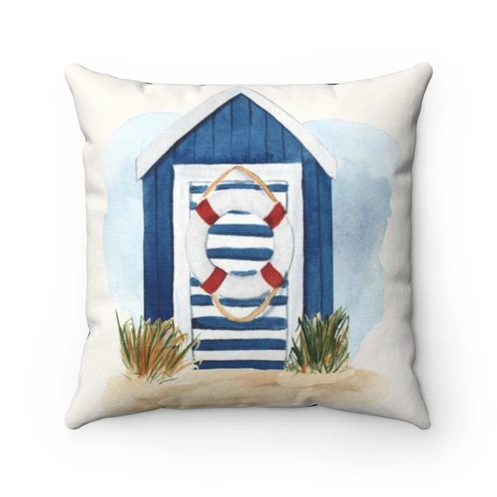 Blue Beach Hut Throw Pillow Cover | Beach Home Decor | Beach Pillow | Festive Fit Home