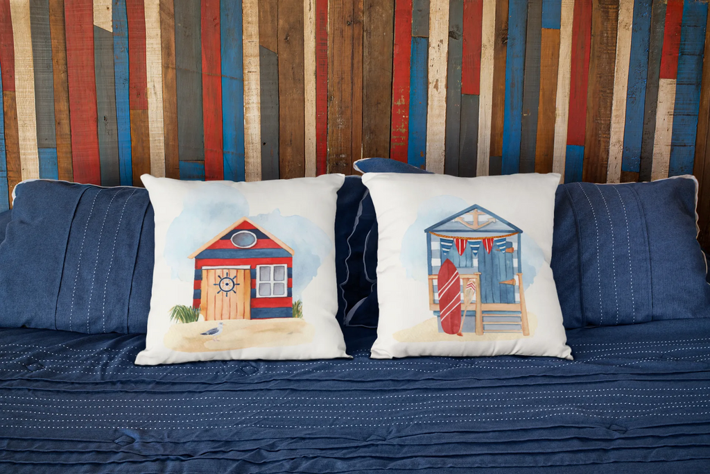 Blue and Red Beach Hut Square Pillow Cover | Summer Throw Pillow Cover | Festive Fit Home