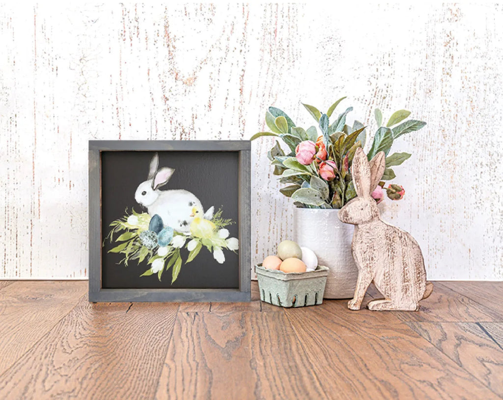 Bunny with Chick Spring Flowers Wood Sign, Wood Sign with Black Background, Easter Decor, Easter Artwork, Festive Fit Home, Farmhouse Easter Sign