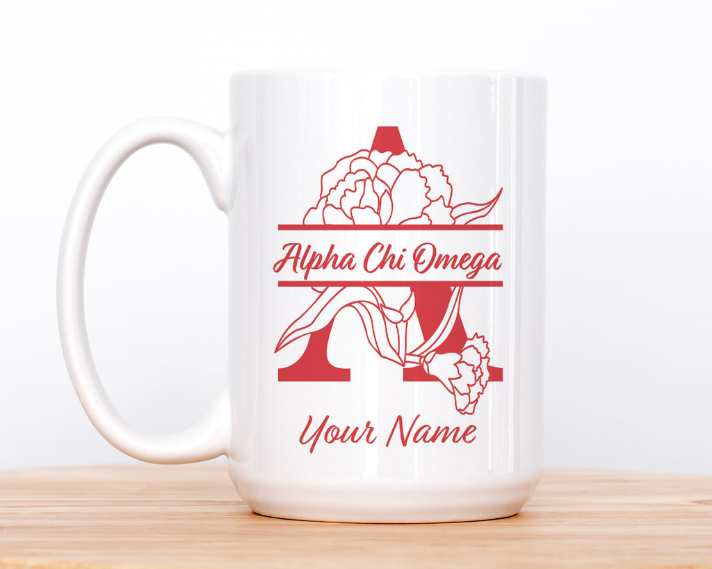 Alpha Chi Personalized Deluxe Mug - Carnation Monogram 15 oz.