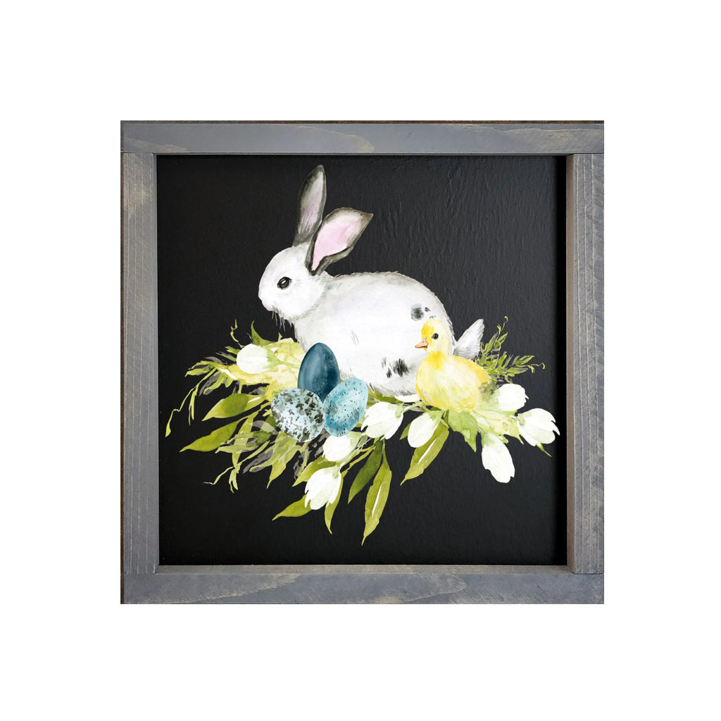 Bunny with Chick Spring Flowers Wood Sign, Wood Sign with Black Background, Easter Decor, Easter Artwork, Festive Fit Home, Farmhouse Easter Sign