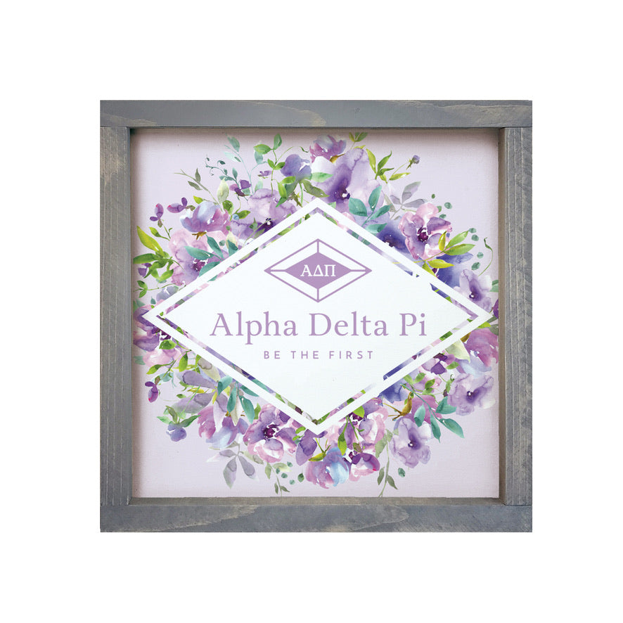 Alpha Delta Pi Sign - Purple Floral Diamond Frame - 12"x12" | Decor