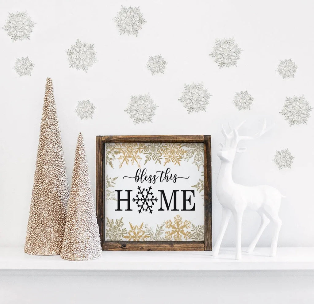 Winter Quote Sign - Bless This Home Winter Snowflake - 12"x12"