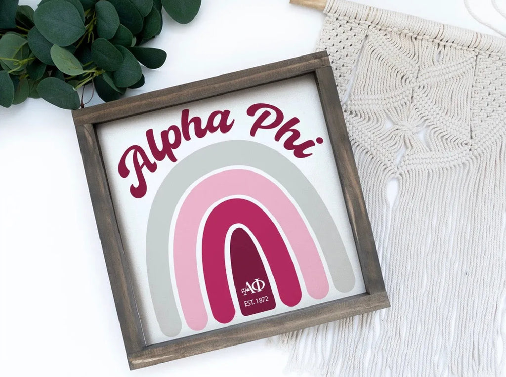 Alpha Phi Wood Sign - Rainbow - 12"x12" | Alpha Phi Gifts | Decor | Festive Fit Home