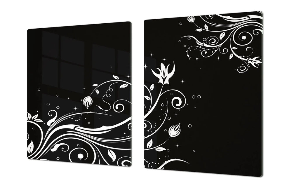 Black and White Floral Scroll Glass Range Cover and Multi-Purpose Cutting Boards | Charcuterie Boards | Festive Fit Home | Induction Top Cover | Noodle Board