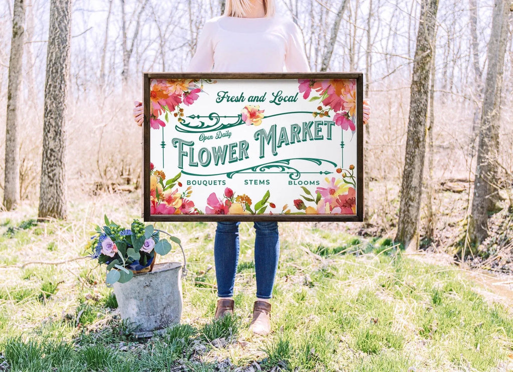 Fresh Flower Market Large Framed Farmhouse Sign 24"x36" | Spring Art | Festive Fit Home | Spring Home Decor