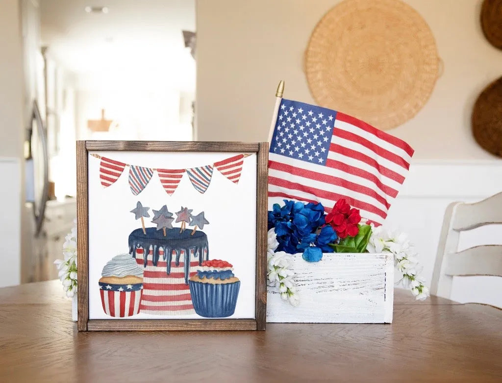 Americana Art Flag Cake Framed Wood Sign - 12"x12" | Patriotic Art | Farmhouse Signs | Festive Fit Home