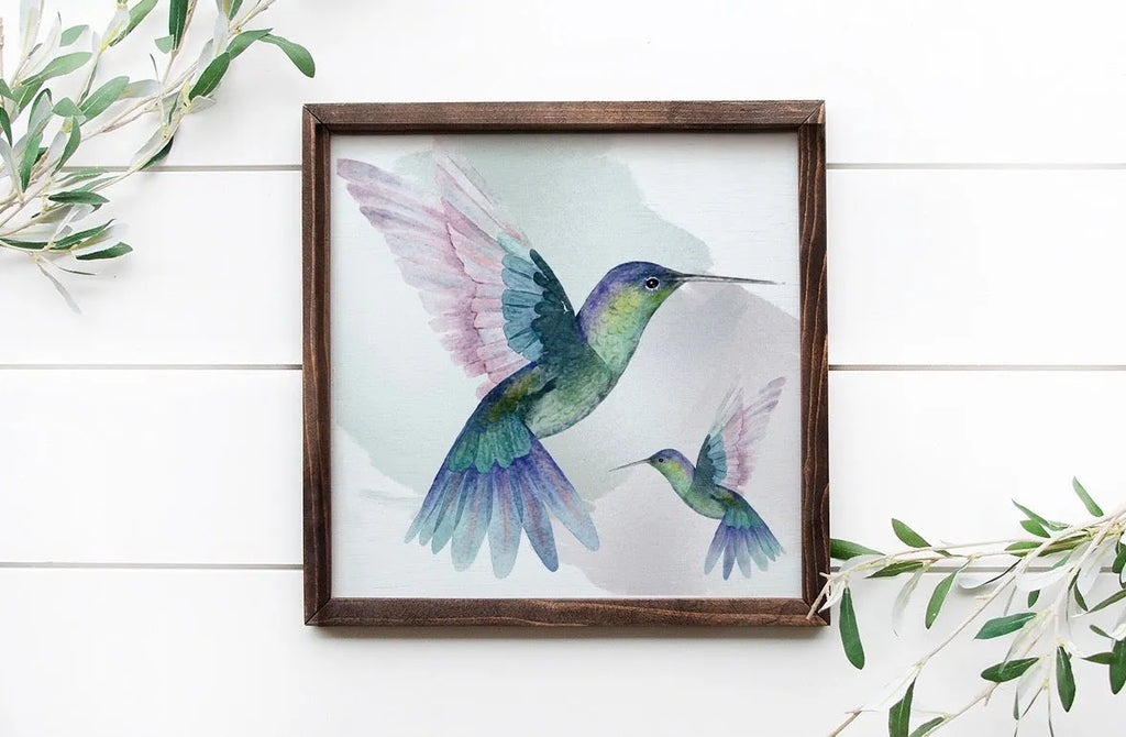 Hummingbirds Art Framed Wood Sign 12"x12" | Spring and Summer Decor | Festive Fit Home