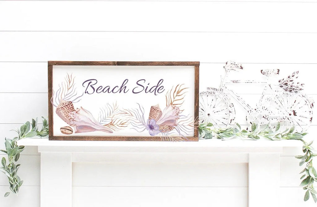 Beach Side Framed Art Wood Sign | Beach Home Decor | Beach Artwork | Summer Home Decor | Summer Art | Festive Fit Home | Sea Shell Art | Wood Signs | Summer Wood Signs