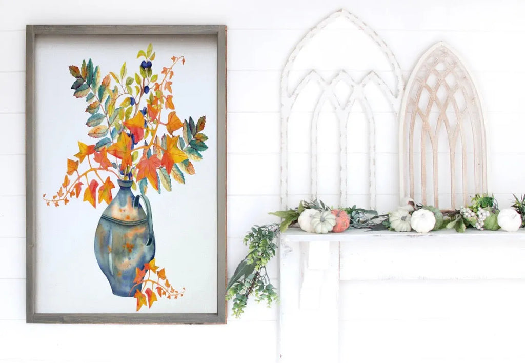 Autumn Leaves Blue Vase Large Farmhouse Sign - 24"x36" | Fall Artwork | Fall Wood Sign | Autumn Home Decor | Rustic Fall Art | Art with Pumpkins | Festive Fit Home | Thanksgiving Art