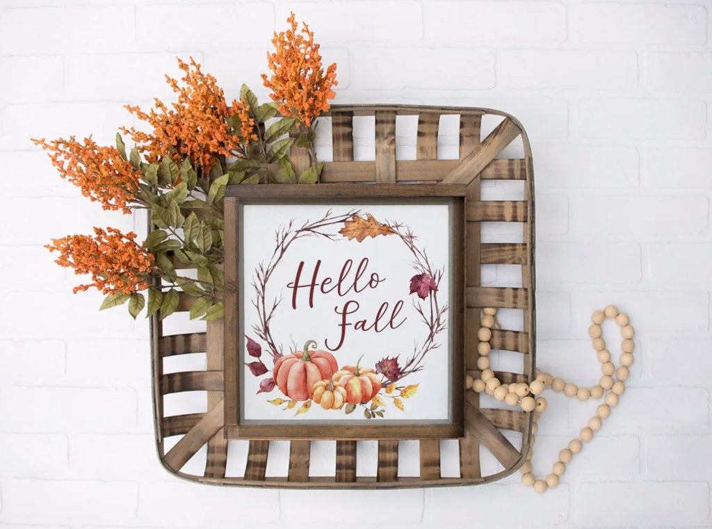 Hello Fall Pumpkin Wreath Wood Sign -12"x12" | Fall Artwork | Home Decor