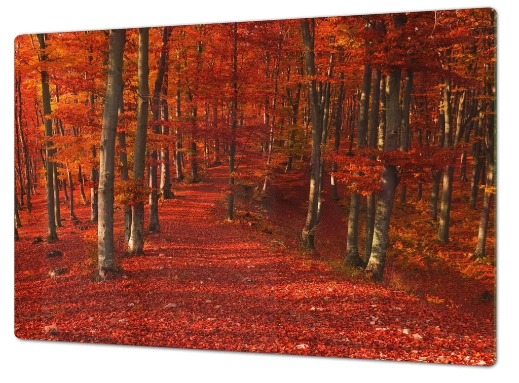 Red Autumn Forest Glass Range Cover and Multi-Purpose Cutting Boards | Fall Kitchen Decor | Festive Fit Home