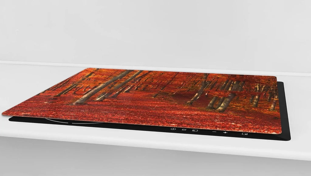 Red Autumn Forest Glass Range Cover and Multi-Purpose Cutting Boards | Fall Kitchen Decor | Festive Fit Home