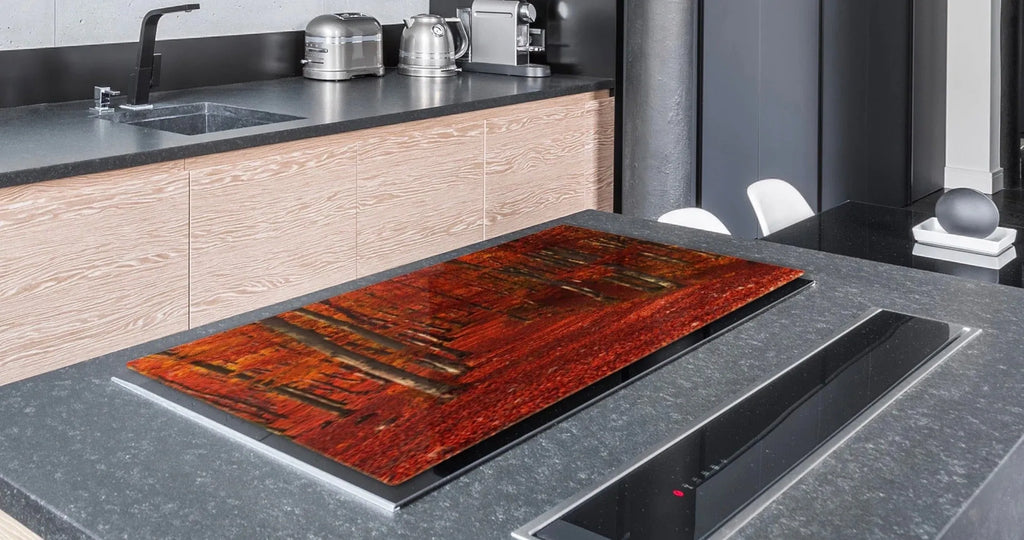 Red Autumn Forest Glass Range Cover and Multi-Purpose Cutting Boards | Fall Kitchen Decor | Festive Fit Home