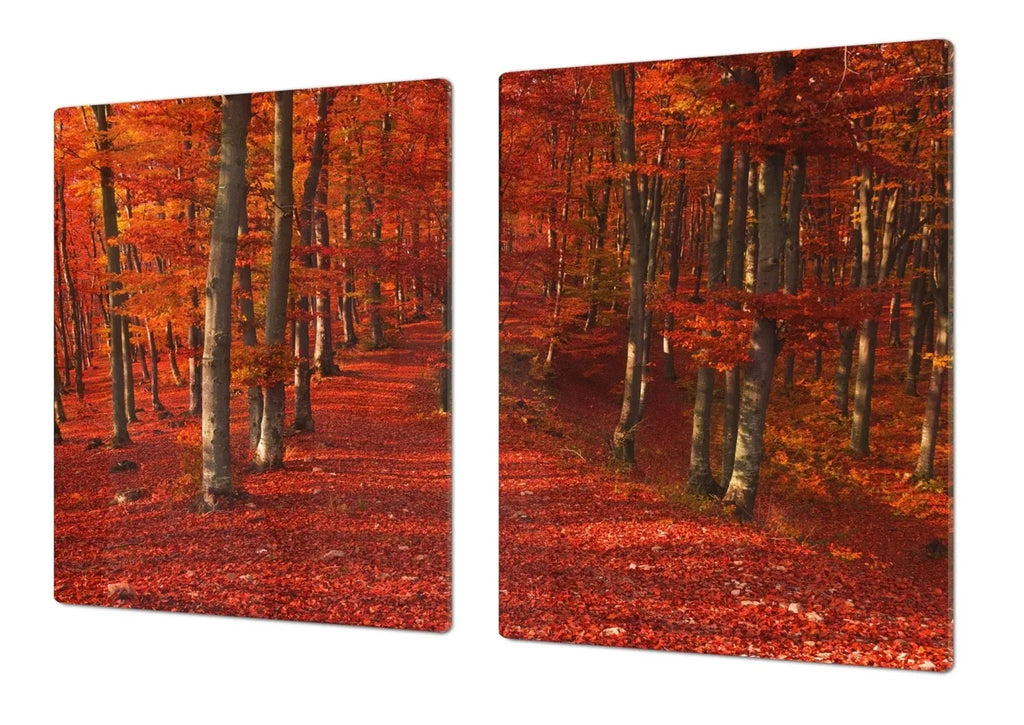 Red Autumn Forest Glass Range Cover and Multi-Purpose Cutting Boards | Fall Kitchen Decor | Festive Fit Home