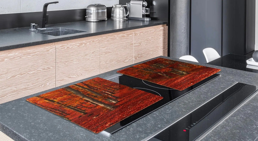 Red Autumn Forest Glass Range Cover and Multi-Purpose Cutting Boards | Fall Kitchen Decor | Festive Fit Home