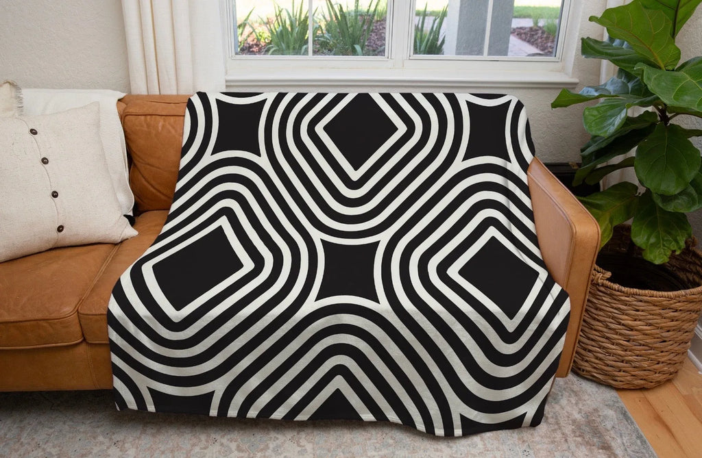 Geometric Black Squares Sherpa Blanket 60" x 80" | Fall Home Decor