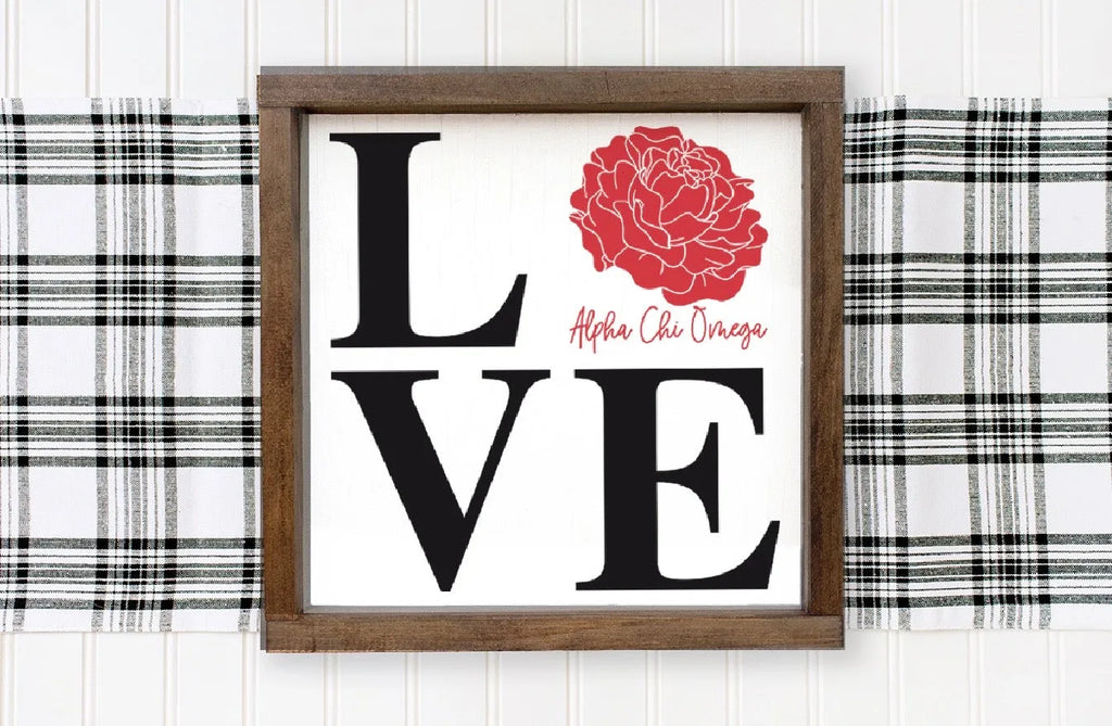 Alpha Chi Omega "LOVE" Framed Sign - Red Carnation 12"x12" | Gifts | Festive Fit Home