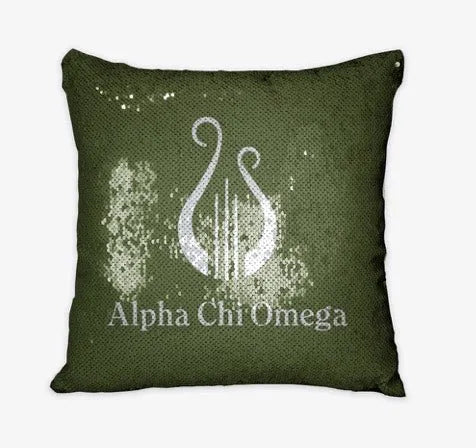 Alpha Chi Omega Silver Sequin Reversible Pillow Cover - Olive Lyre | Gifts and Merchandise