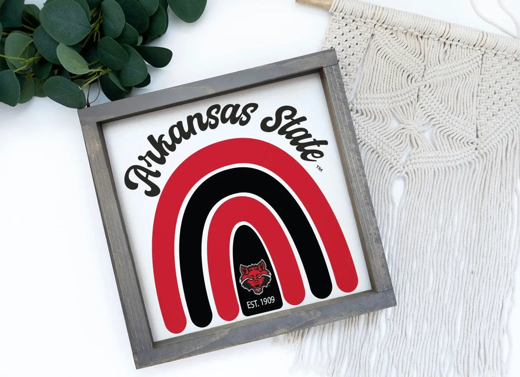 Arkansas State University Sign - Rainbow - 12"x12" | Gifts and Decor | Merchandise | Festive Fit Home