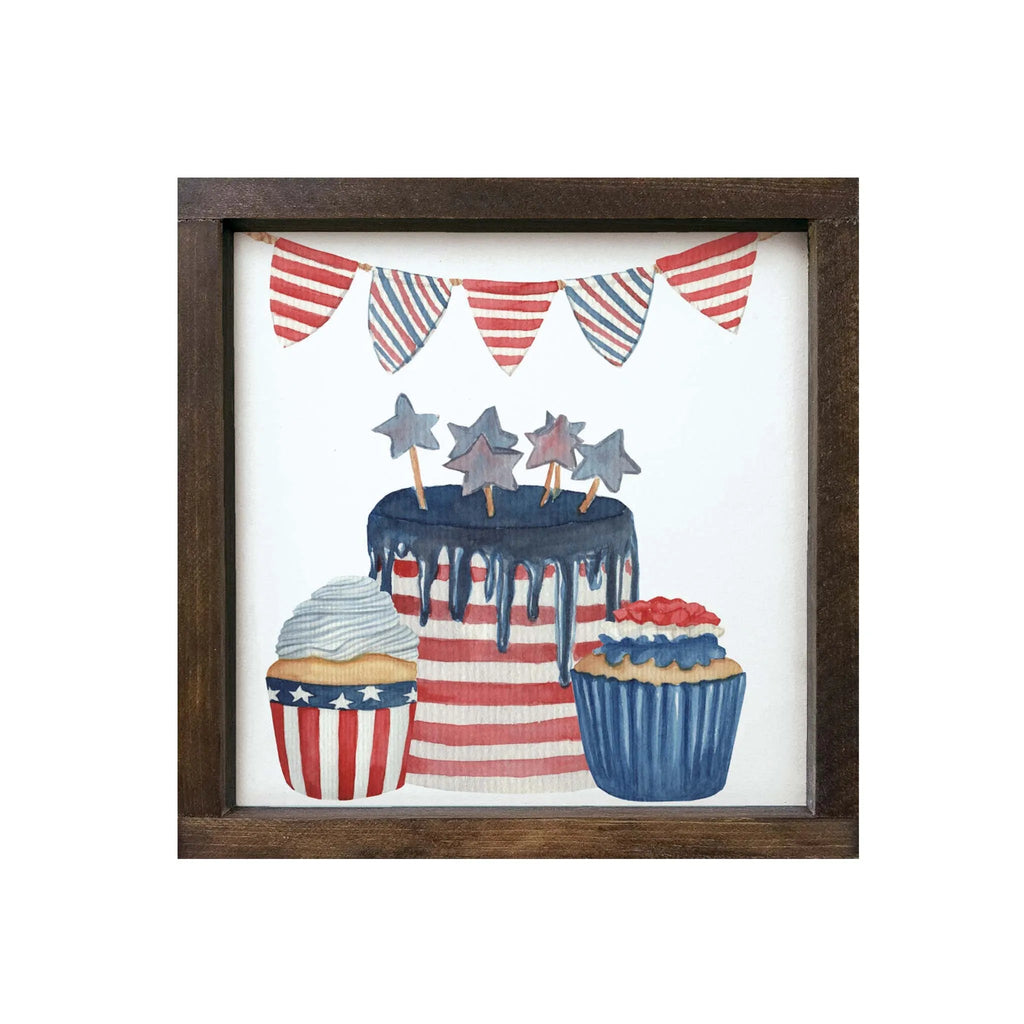 Americana Art Flag Cake Framed Wood Sign - 12"x12" - Festive Fit Home