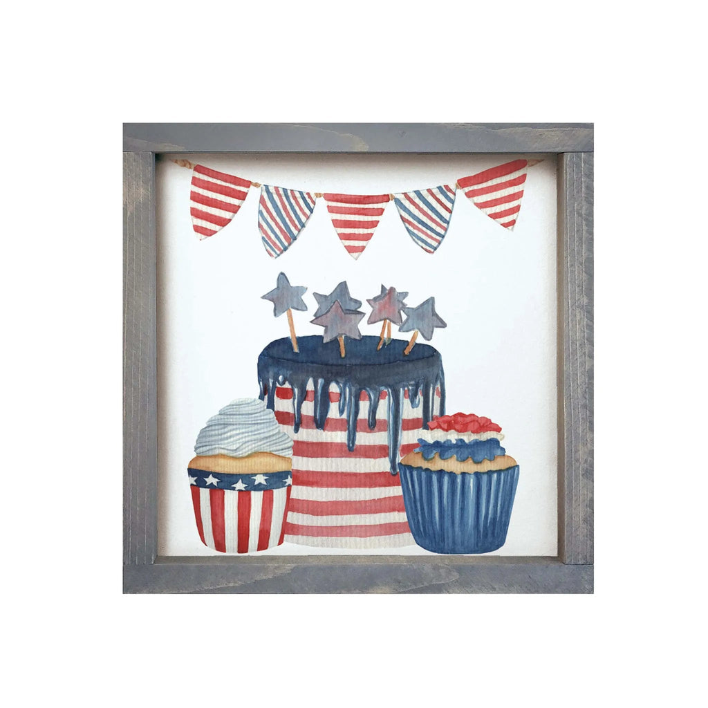 Americana Art Flag Cake Framed Wood Sign - 12"x12" - Festive Fit Home