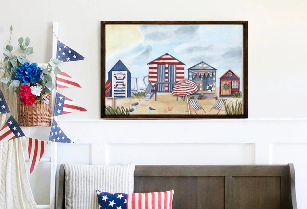 Beach Huts Americana Art Framed Wood Sign - 24"x36" - Festive Fit Home