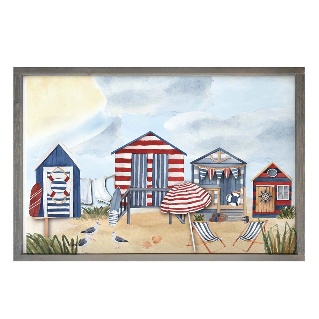 Beach Huts Americana Art Framed Wood Sign - 24"x36" - Festive Fit Home