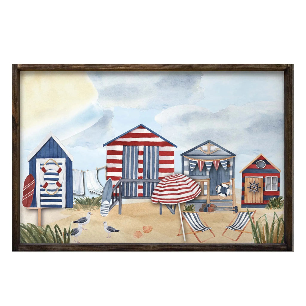 Beach Huts Americana Art Framed Wood Sign - 24"x36" - Festive Fit Home