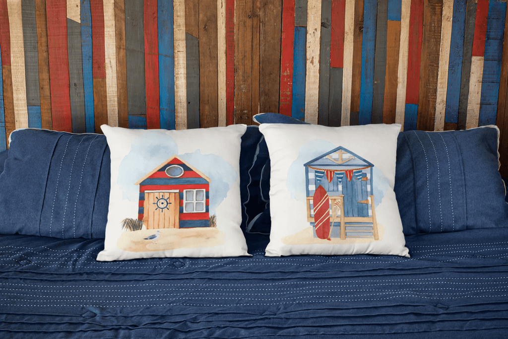 Blue and Red Beach Hut Square Pillow Cover - Festive Fit Home