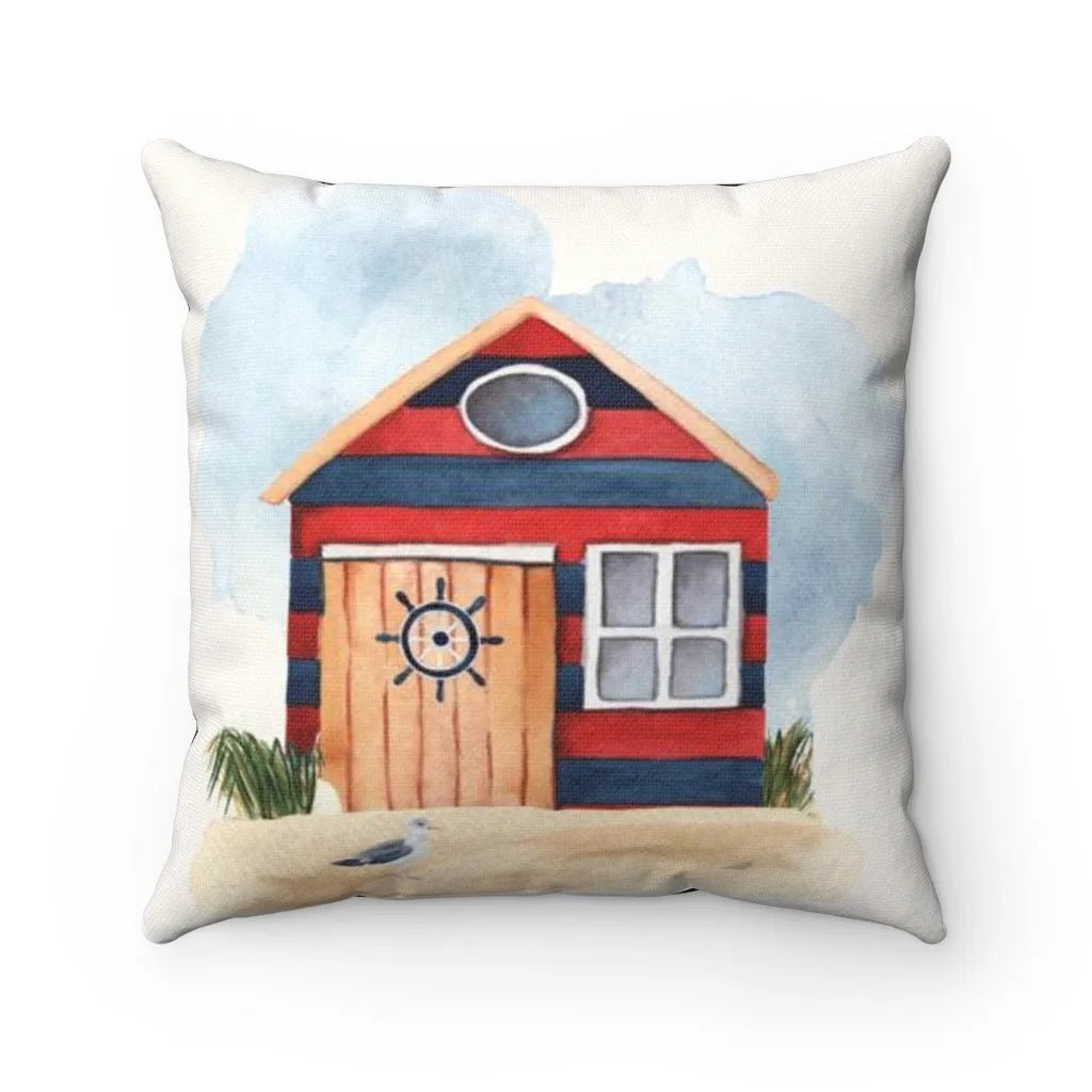 Blue and Red Beach Hut Square Pillow Cover - Festive Fit Home