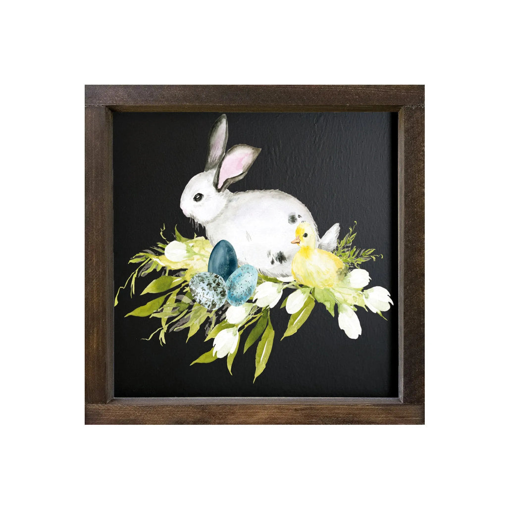 Easter Artwork - Bunny with Chick Framed Wood Sign - 12"x12" - Festive Fit Home