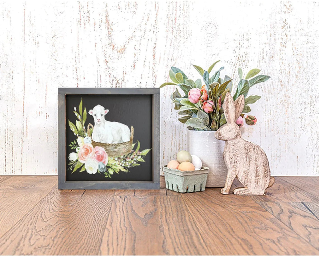 Easter Wall Art - Baby Lamb with Spring Flowers - 12"x12" - Festive Fit Home