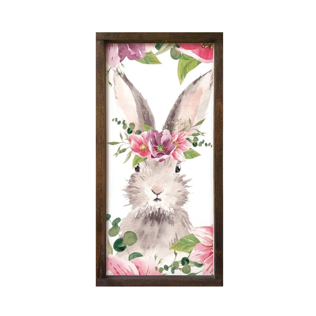 Easter Wall Art - Bunny with Pink Flowers - Wood Framed Sign - 12"x24" - Festive Fit Home