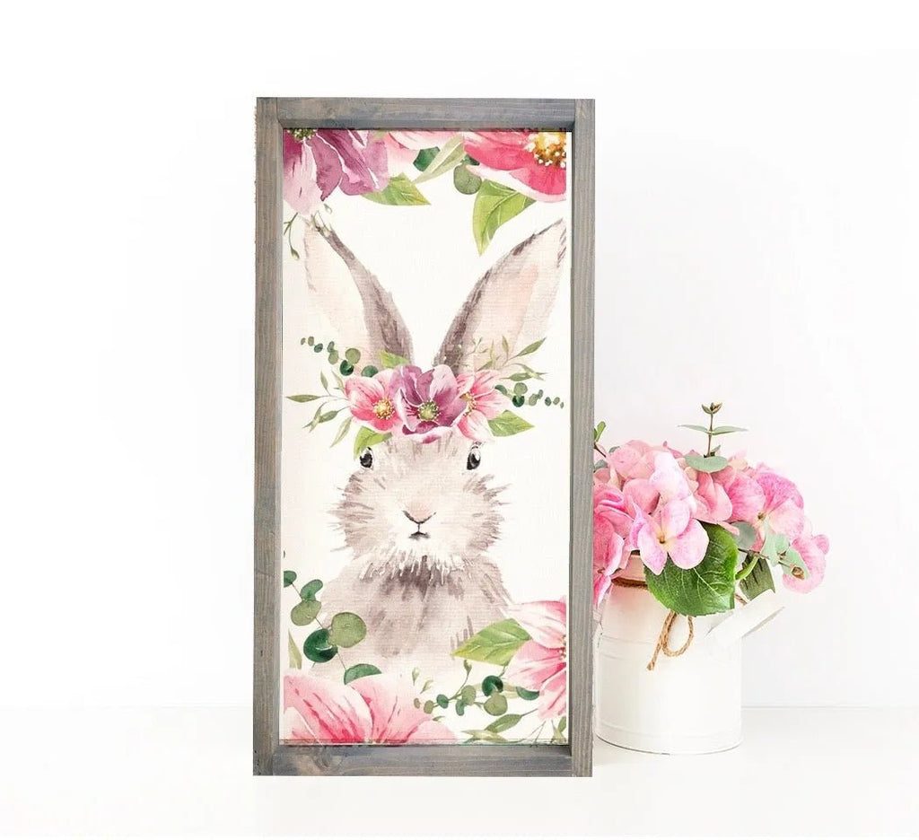 Easter Wall Art - Bunny with Pink Flowers - Wood Framed Sign - 12"x24" - Festive Fit Home