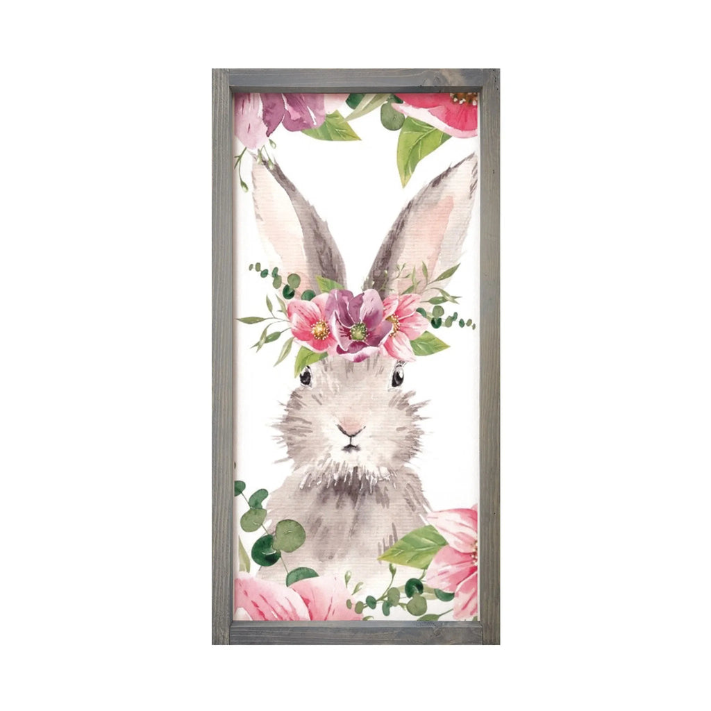 Easter Wall Art - Bunny with Pink Flowers - Wood Framed Sign - 12"x24" - Festive Fit Home