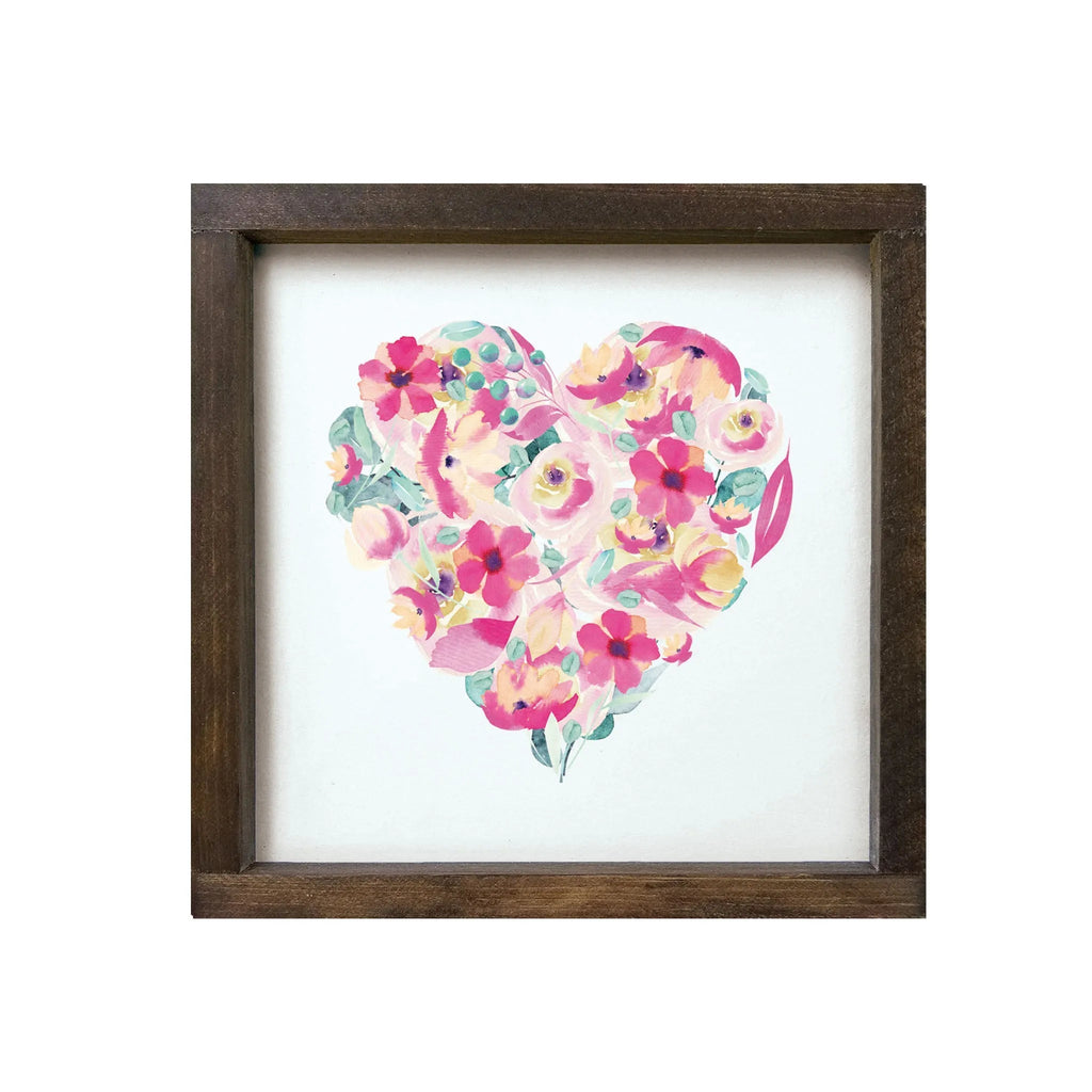 Floral Heart - Pink and Aqua Framed Wood Sign - 12"x12" - Festive Fit Home