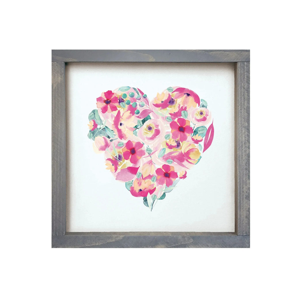 Floral Heart - Pink and Aqua Framed Wood Sign - 12"x12" - Festive Fit Home