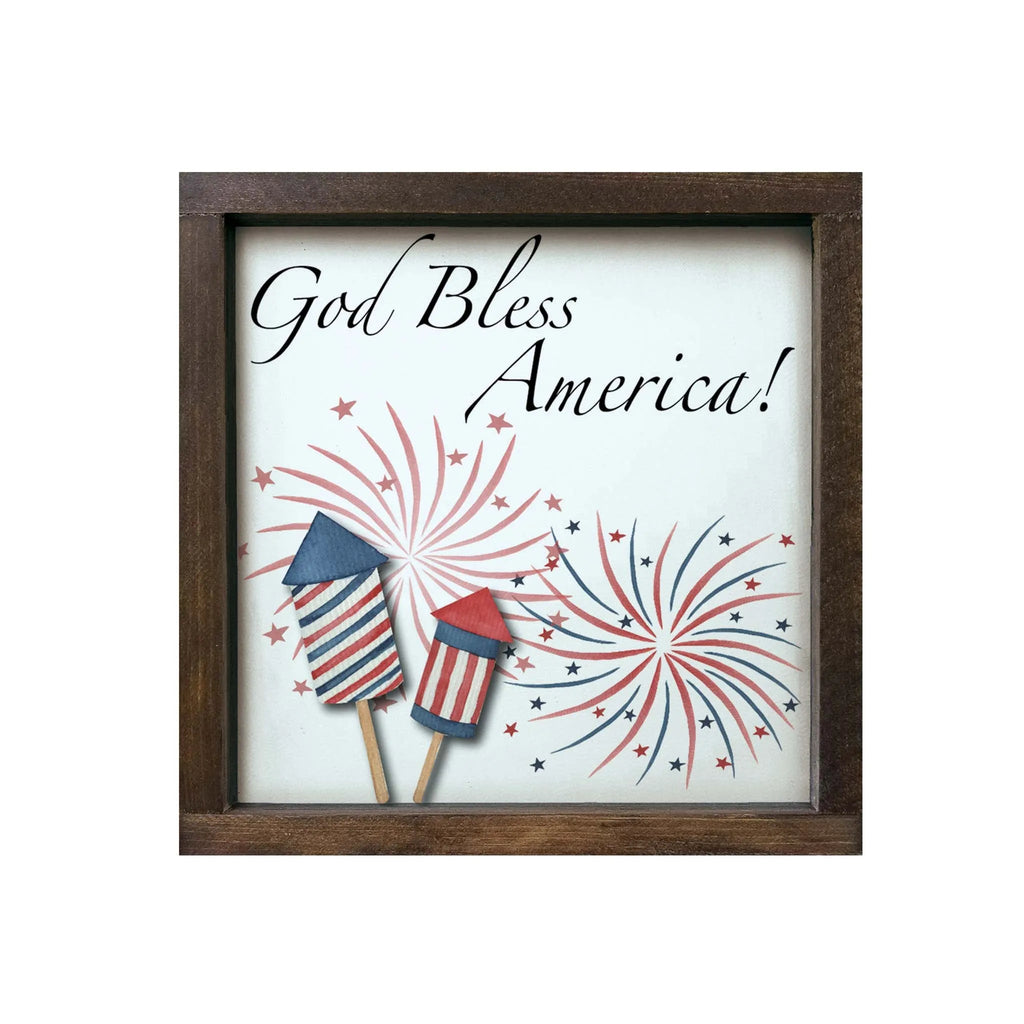 God Bless America Patriotic Art Framed Wood Sign - 12"x12" - Festive Fit Home